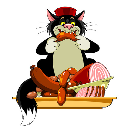 cartoon black cat in the hat eats sausageのイラスト素材