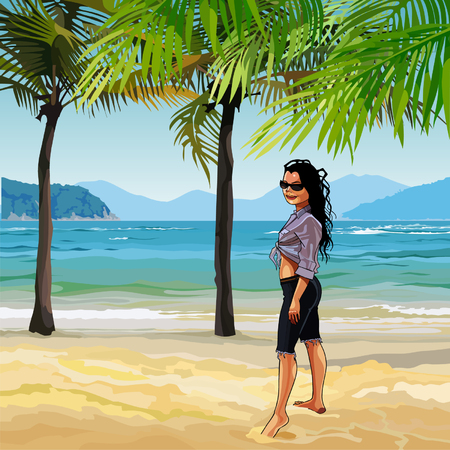 cartoon girl on the sandy beach with palm treesのイラスト素材