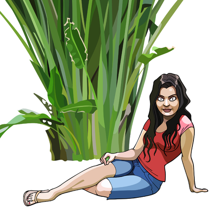 cartoon girl sits under a green tropical plantのイラスト素材