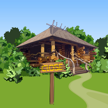 cartoon wooden house in the woods with a signのイラスト素材
