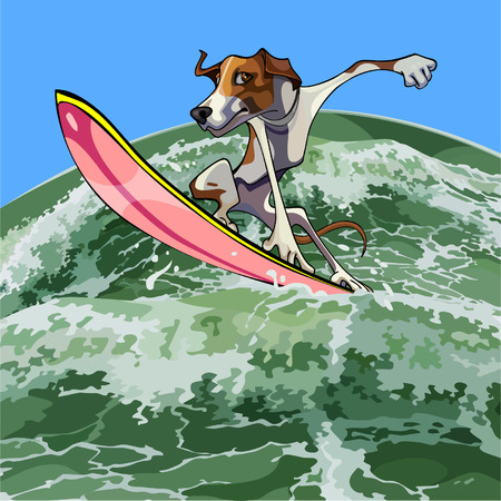 cartoon dog surfer on a waveのイラスト素材