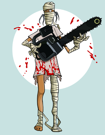 funny cartoon mummy with a chainsaw in the bloodのイラスト素材