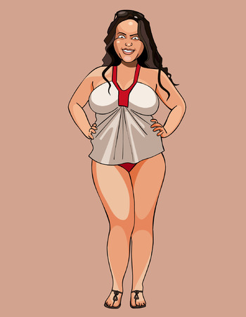 cartoon fat girl smiling standing with arms akimboのイラスト素材