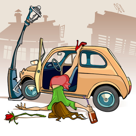 cartoon caricature of a drunken girl fell out of the car crashed into a lamppostのイラスト素材