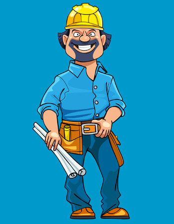 cartoon man working in a helmet with drawingsのイラスト素材