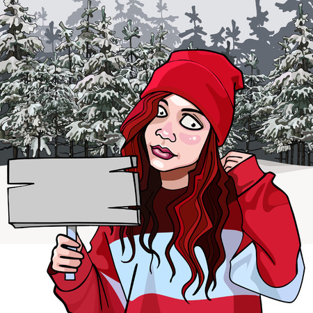 cartoon teen girl with a signboard in the winter forestのイラスト素材