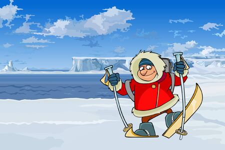 cartoon man on skis on a background of icebergsのイラスト素材
