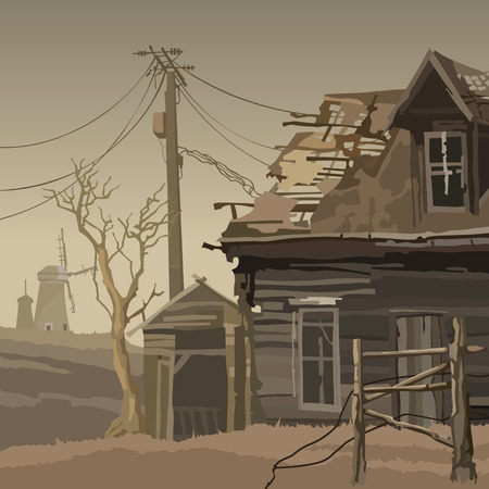 Abandoned village with a ruined house and millsのイラスト素材