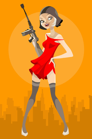 cartoon girl in a dress and stockings with a weaponのイラスト素材