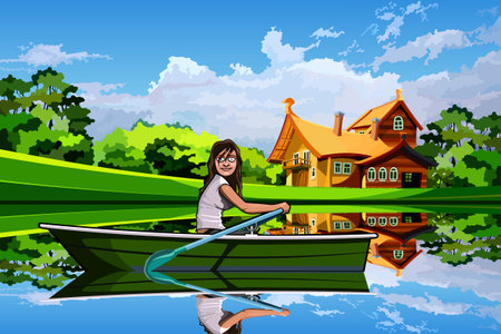 Girl in a boat on a background summer landscapeのイラスト素材
