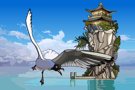 seagull flying over the sea to the island with a houseのイラスト素材