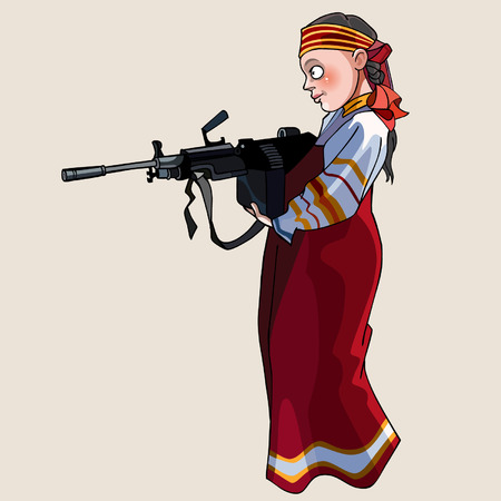 woman in national sundress with a submachine gunのイラスト素材