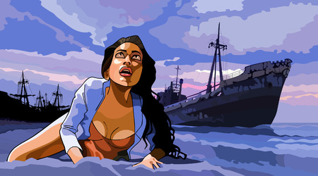 woman lying on the seashore after a shipwreckのイラスト素材