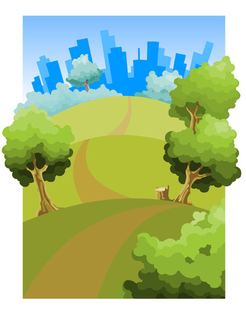 cartoon road through the fields to the cityのイラスト素材