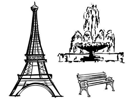 Eiffel Tower fountain bench drawn in pencilのイラスト素材