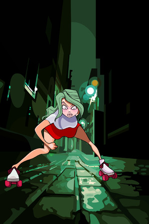 cartoon girl rollerblading on the night streetのイラスト素材