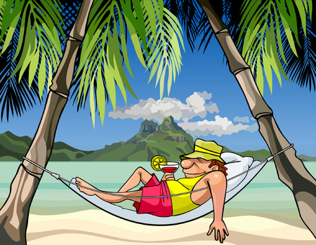 cartoon man in a hammock between palm treesのイラスト素材
