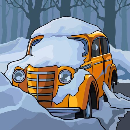 cartoon yellow retro car in the snowのイラスト素材