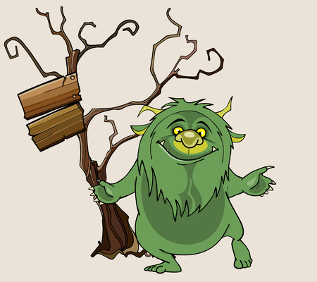 cartoon green shaggy beast stands smiling beside a treeのイラスト素材