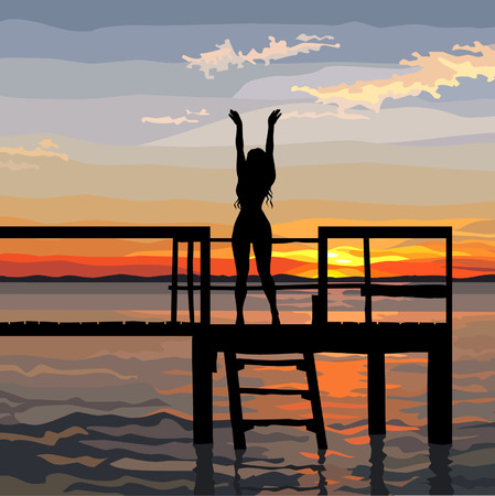 silhouette of a woman on the bridge over the river at sunsetのイラスト素材