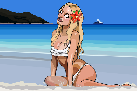 cartoon of a beautiful woman sitting on the beachのイラスト素材