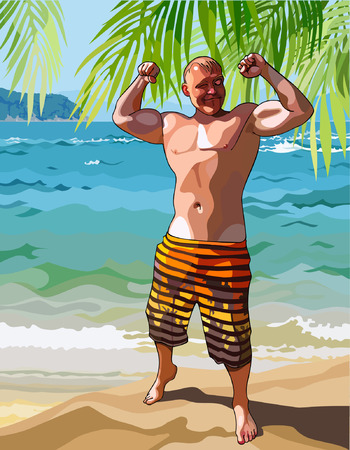 cartoon male athlete posing on a tropical shoreのイラスト素材