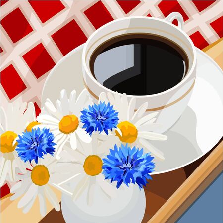 cup of coffee on a table with flowersのイラスト素材