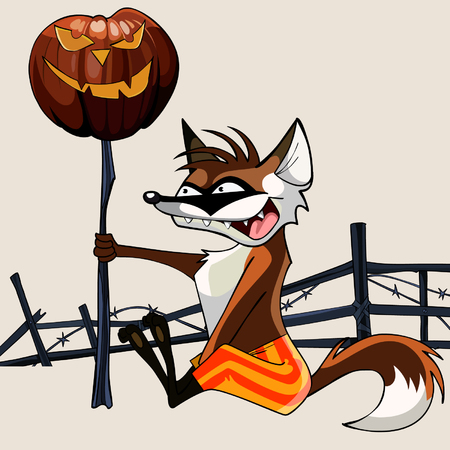 cartoon funny fox holding a halloween pumpkin on a stickのイラスト素材