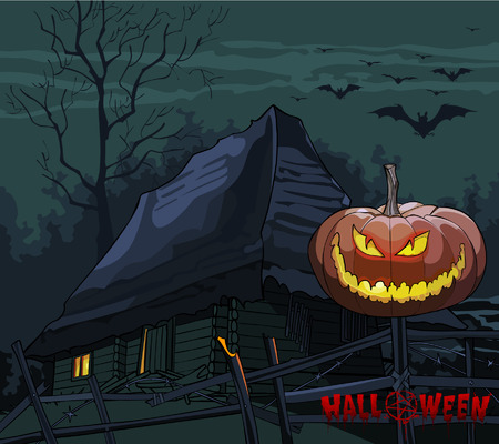 old house with a pumpkin on a fence at night Halloweenのイラスト素材