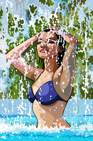 beautiful woman under a waterfallのイラスト素材