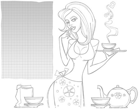 contour drawing woman with a tea set and a blank sheetのイラスト素材