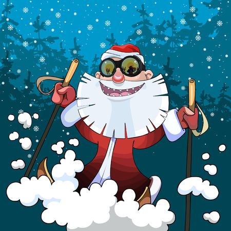 cartoon cheerful Santa Claus on skis in the woodsのイラスト素材