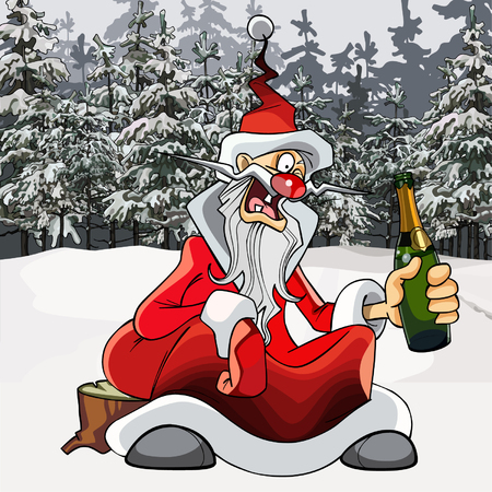 cartoon drunk Santa Claus with a bottle in the winter forestのイラスト素材