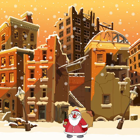 cartoon Santa Claus with a bag in the ruined cityのイラスト素材