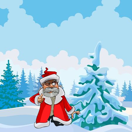 cartoon man in a Santa Claus clothes in winter forest dayのイラスト素材