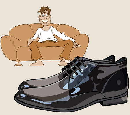 cartoon man sitting on the couch looking at patent-leather shoesのイラスト素材