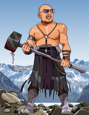 cartoon angry man modern viking with hammerのイラスト素材