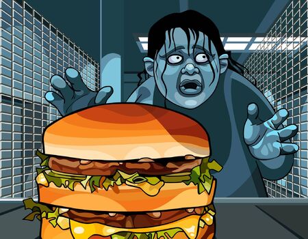 funky cartoon fat man goes at dusk to take a large hamburgerのイラスト素材