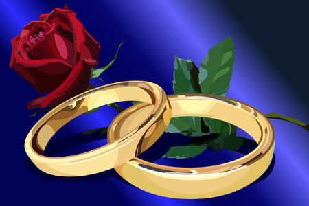 Two gold wedding rings with a red rose on the blue backgroundのイラスト素材