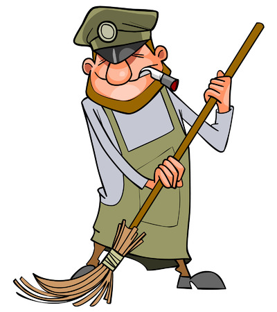 cartoon man janitor sweeps broomのイラスト素材