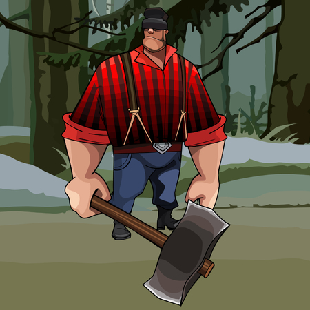 cartoon burly lumberjack with an ax in the forestのイラスト素材