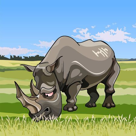 cartoon big rhino grazing in the meadowのイラスト素材
