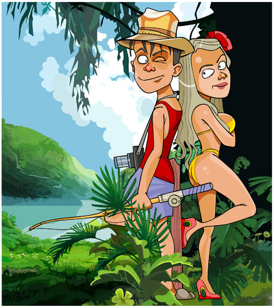 cartoon tourist couple man and woman in the tropicsのイラスト素材