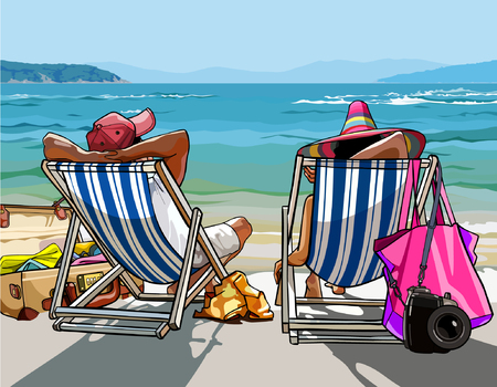 couple of tourists with things a rest on the sun loungers on the beachのイラスト素材
