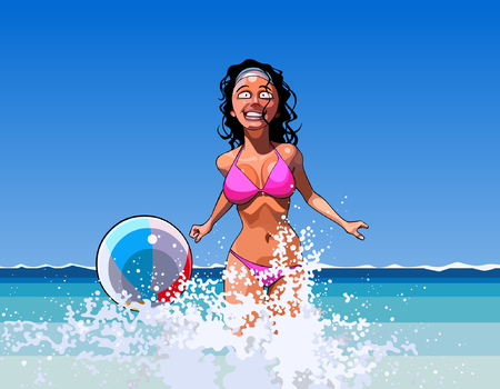 cartoon cheerful woman playing with a ball on the oceanのイラスト素材