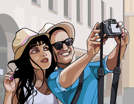 cartoon couple tourists man and woman photographed themselvesのイラスト素材