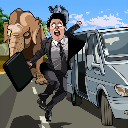 cartoon frightened man in a suit running away from the elephantのイラスト素材