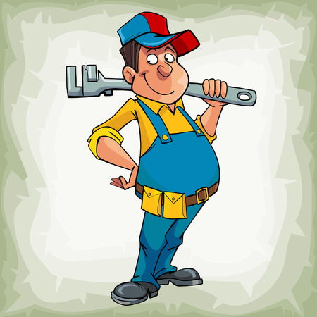 cartoon smiling man plumber in uniform standing with instrument on shoulderのイラスト素材