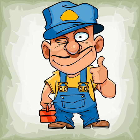 cartoon funny man plumber in uniform showing thumb upのイラスト素材