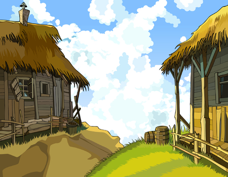 cartoon courtyard with rustic wooden buildingsのイラスト素材